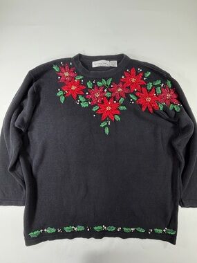 Vintage Victoria Jones Poinsettia Christmas Sweater Beaded Black Holiday 2X Plus